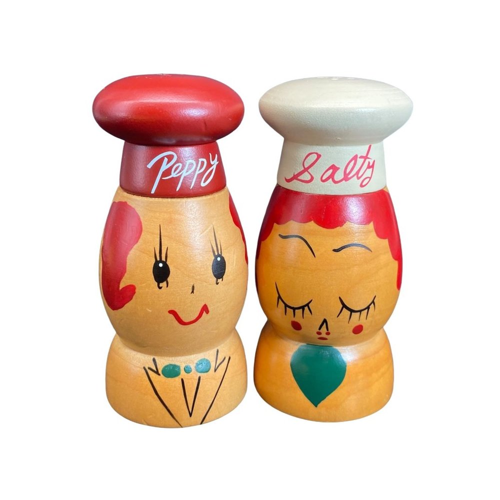 CB Salty & Peppy Wooden Salt and Pepper Shakers Vintage Reproduction 4" Mid Cent